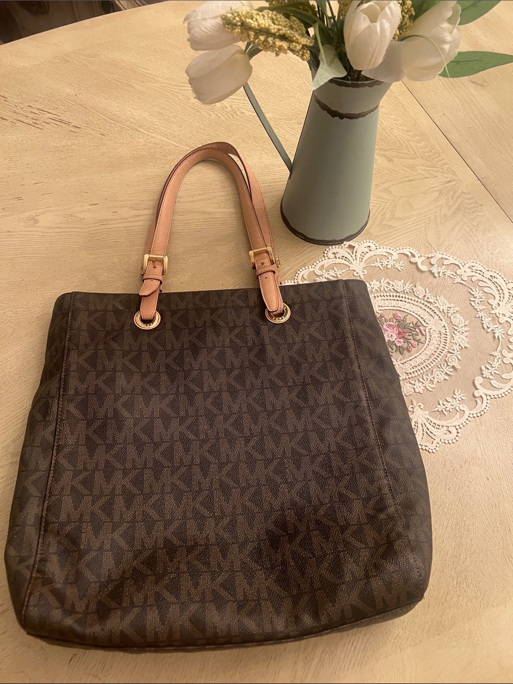 Michael Kors Brown MK Logo Tote with Tan Handles
